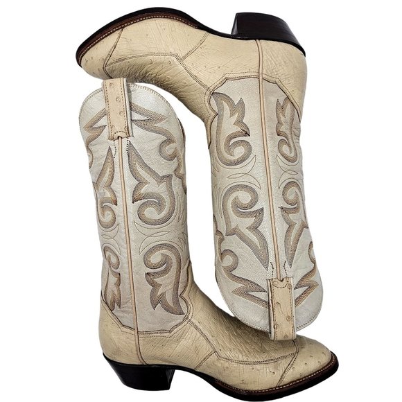 Vintage Cowboy Boots Quill Ostrich Cream Ivory Sanders Men's 7.5D Western Boots - Picture 12 of 16